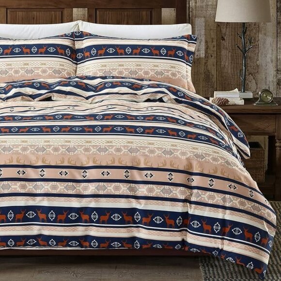 New 3 Piece Brown & Navy Aztec/Deer Pattern Duvet Cover Set • DoubleQueen Size - Picture 1 of 3